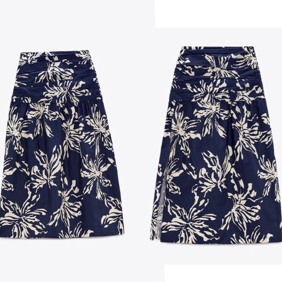 Zara navy long printed high waisted pleated side slit skirt Sz M NWT - Picture 3 of 9